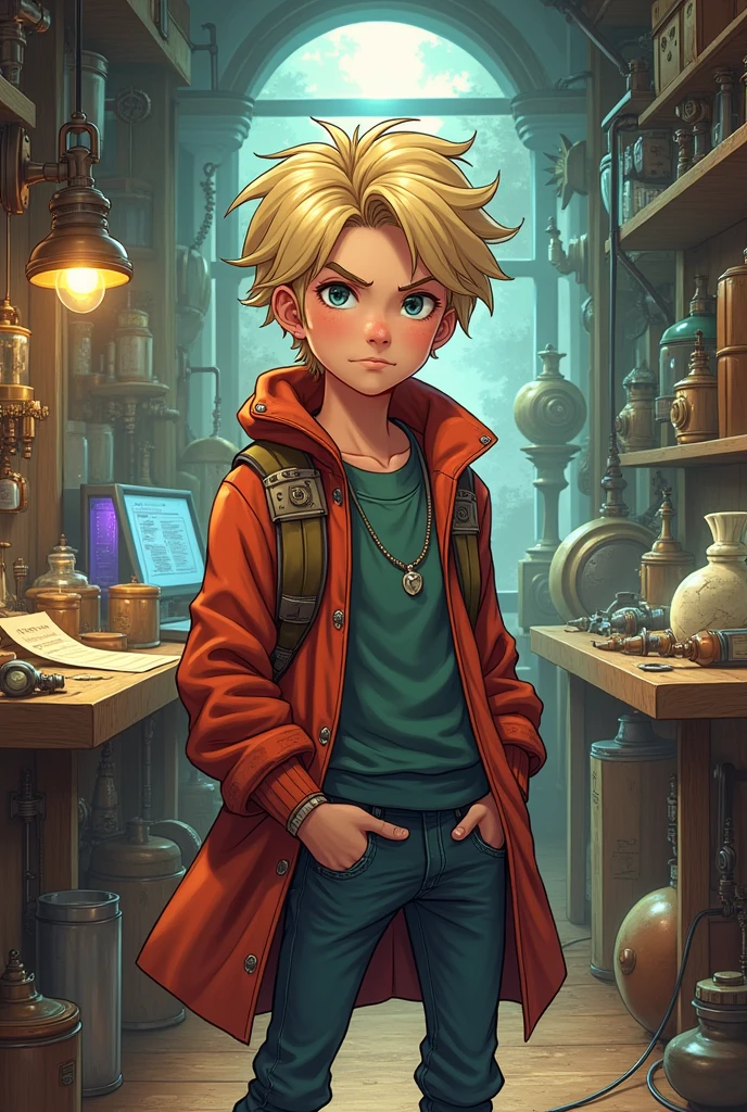 rpg character, artificer,  adolescent, naughty man, bonitas, with anime drawing lines, With a serious face, naughty man alto, blond