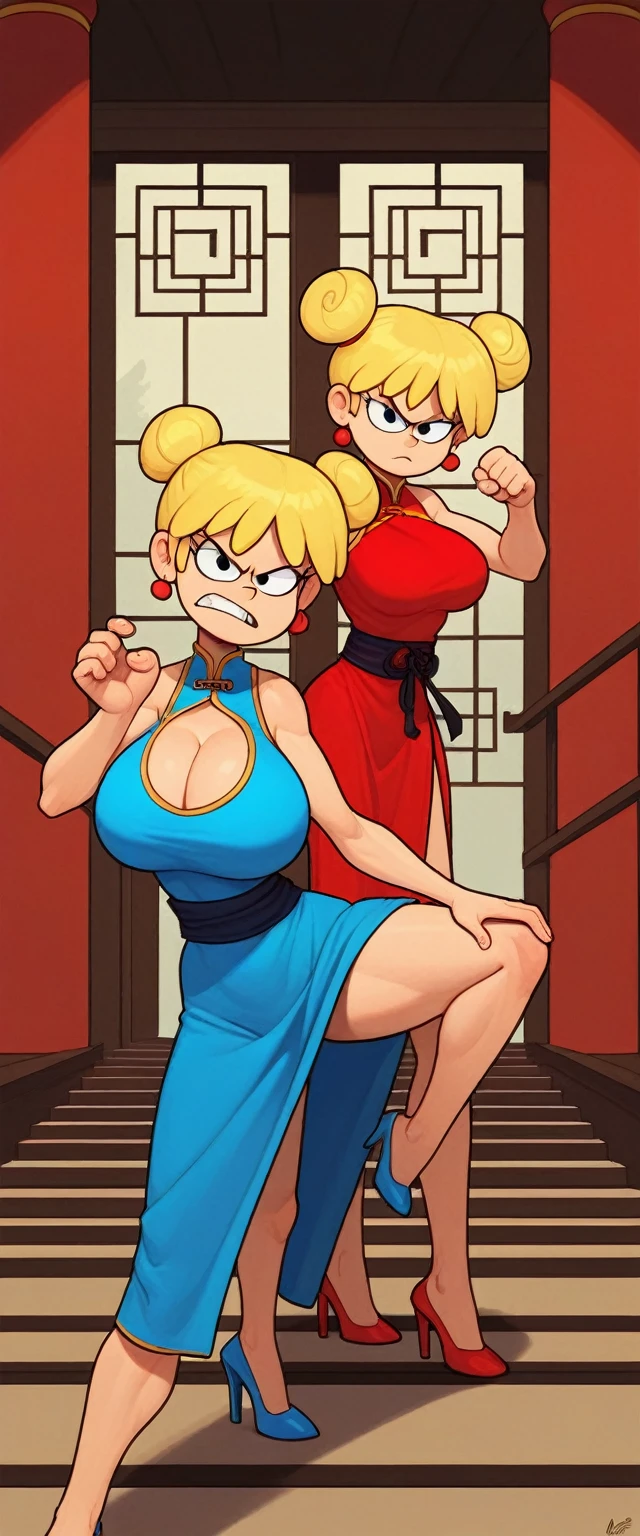 lori loud, 2girls, duo, 24yo girl, huge breasts, blue cheongsam, inside of a chinese style temple, looking at viewer, blonde hair, short hair, two hair buns , hands score_9, score_8_up, score_7_up, high heels,teep fighting stance,martial arts,guarding the stairs behind her, a door behind of the stair, they wear the same outfit, they are twins