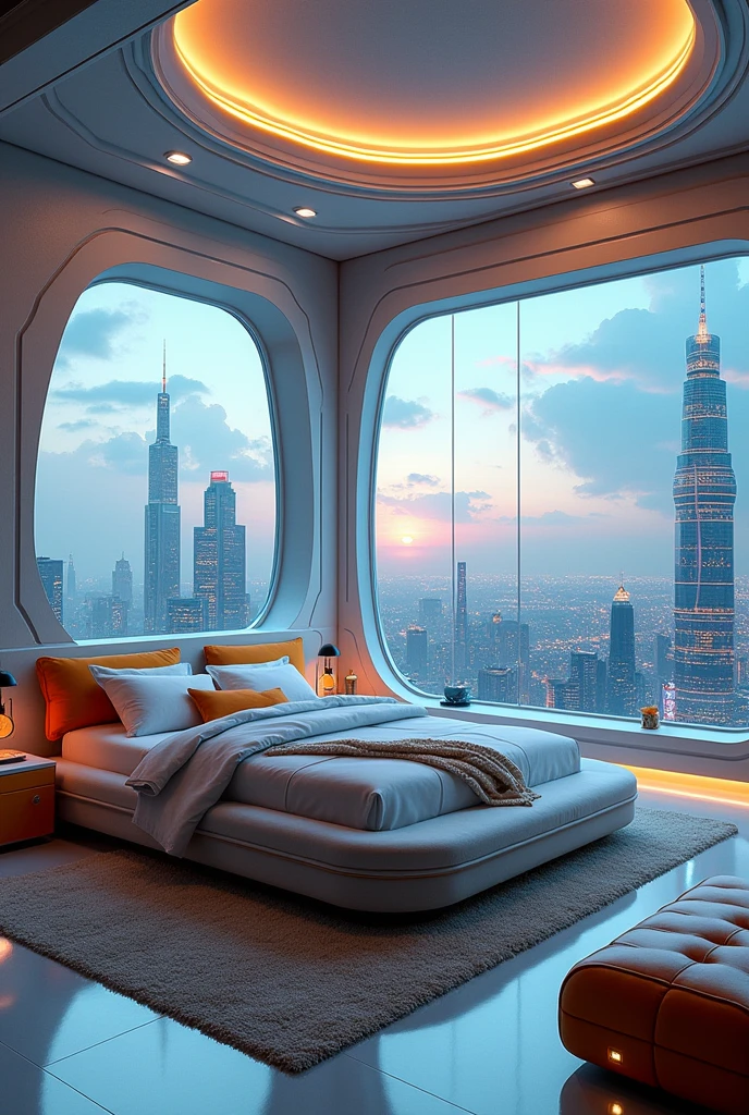 A Gorgeous Sci-Fi Bedroom Matte Painting by John Harris, sparth 和 greg rutkowski. Sharp Edges, Tiffany Blue, Gray-orange, White and Gold. Sci-fi bedroom in the space base, Outside the window is the city skyline of the future, Lighting Effects. Ultra-clear and detailed, 3 d, Octane Rendering. Eight thousand