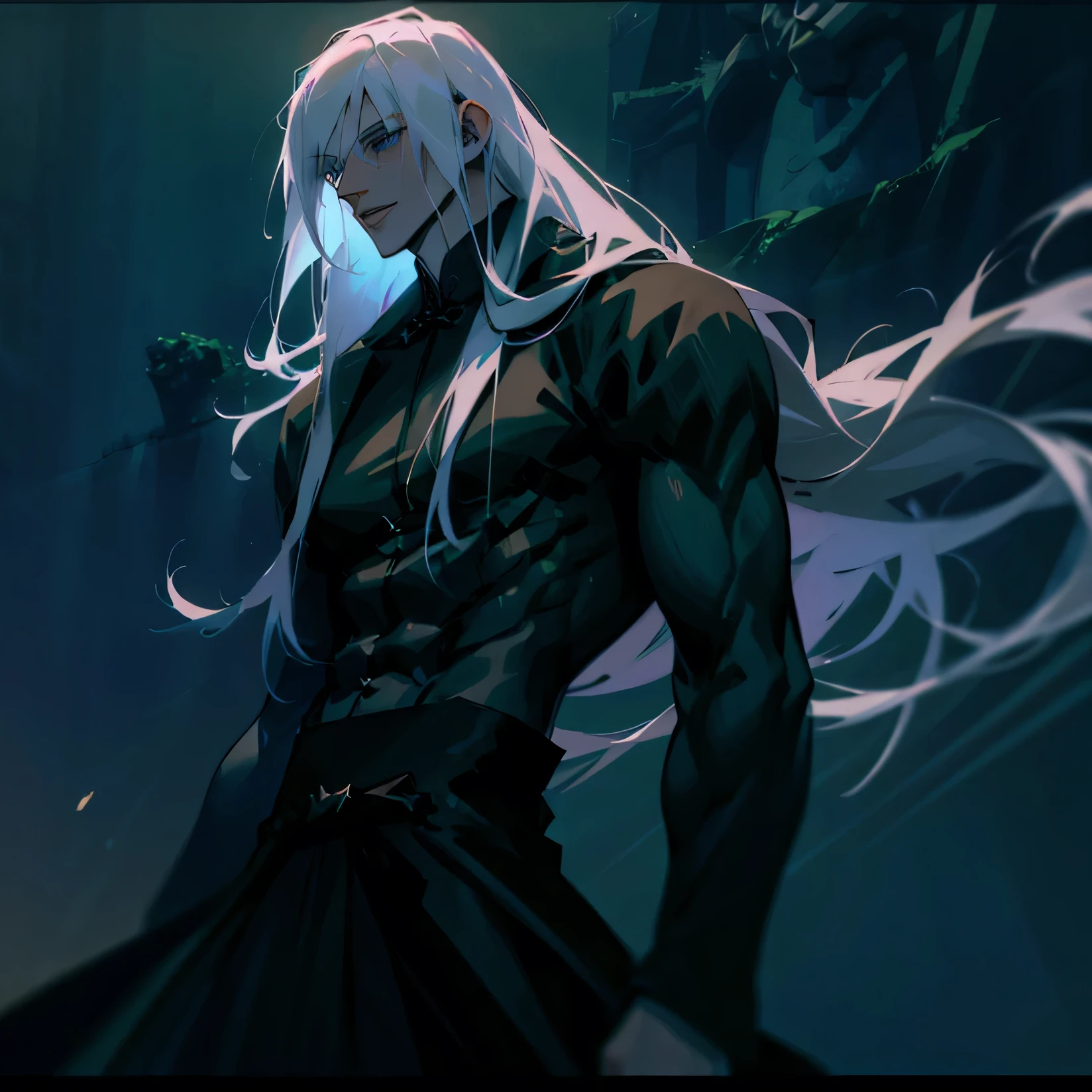 A majestic silhouette of a tall, muscular man, White hair, long hair, pale skin, Old black clothes, just one man.