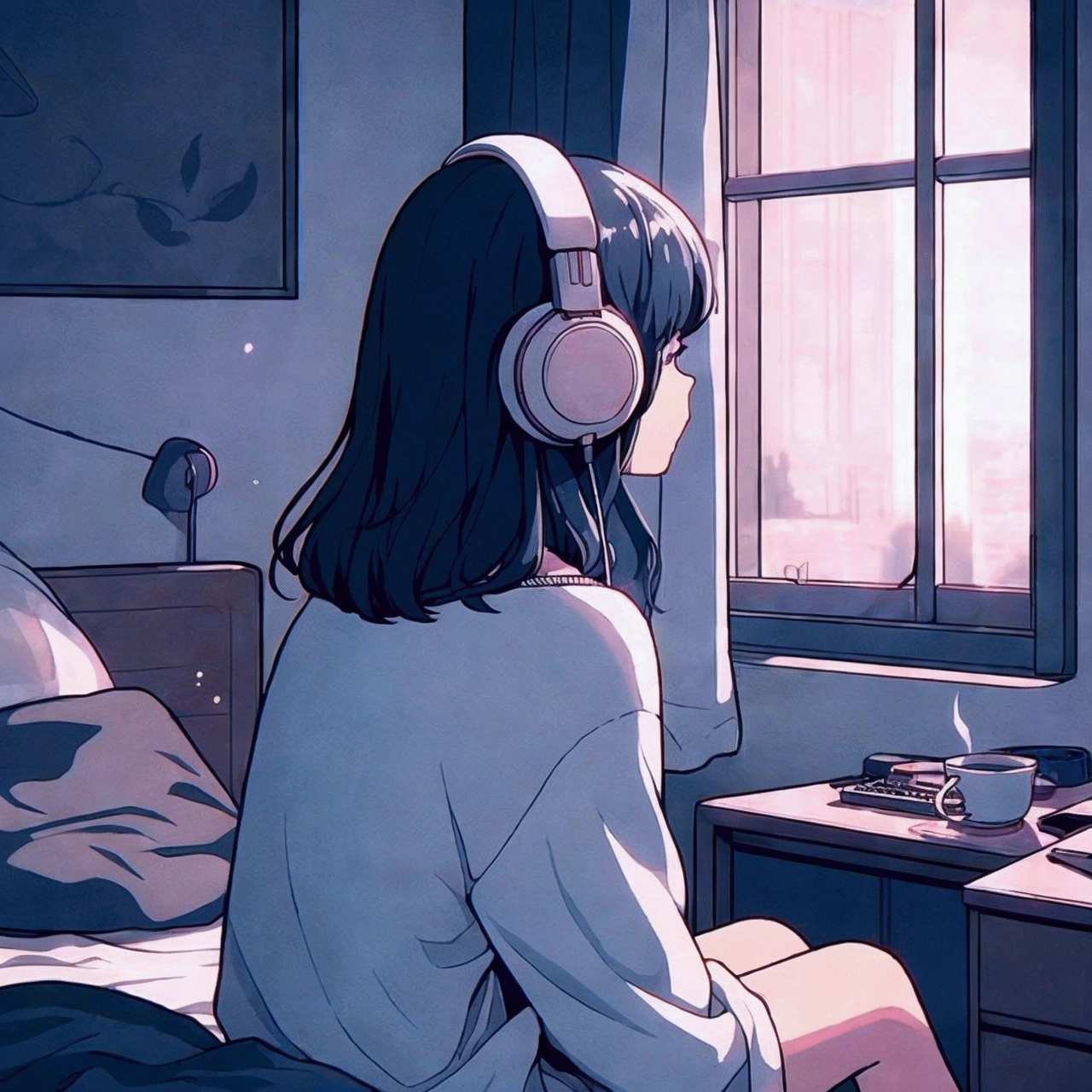 anime girl listening to music in bed with headphones on, lofi girl, lofi artstyle, lofi art, anime vibes, lofi girl aesthetic, lofi portrait, anime aesthetic, lofi vibes, lo-fi art, lofi feel, listening to music at 2 am, lofi vibe, lofi aesthetic, lofi, with headphones