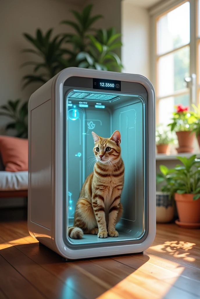 There is a cat inside a plastic and glass chamber+rectangular of proportional size and spacious where you receive a complete scan of your vital signs and medical status and states that are determined by a veterinarian but making use of the camera, temperature states, Blood pressure and heart rate will be displayed on the back side of the camera and other medical results will be transferred to a monitoring application., The camera is located in a house and is a cheap camera and its owner can observe the process