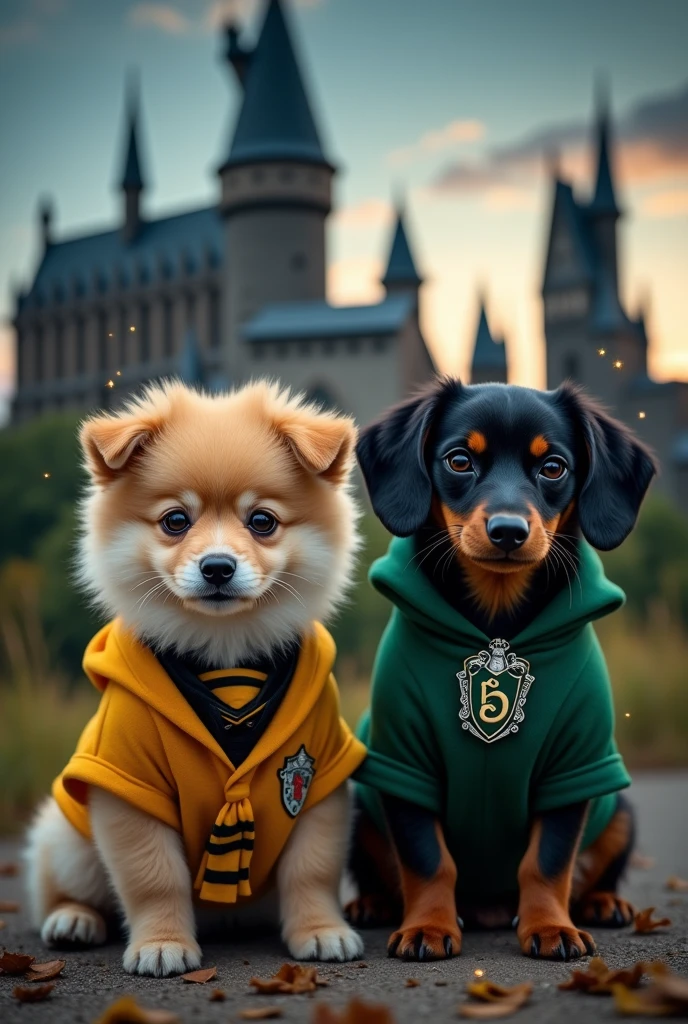 Create an image of a beige German Spitz puppy dressed in a Hufflepuff Hogwarts uniform next to a black dachshund wearing a Slytherin house uniform 