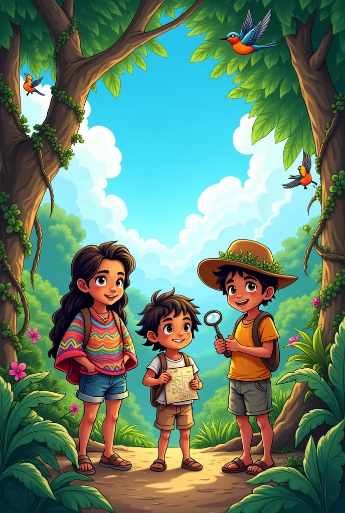 Make the cover of a comic to paint about adventures in the jungle with Bolivian children explorers 
