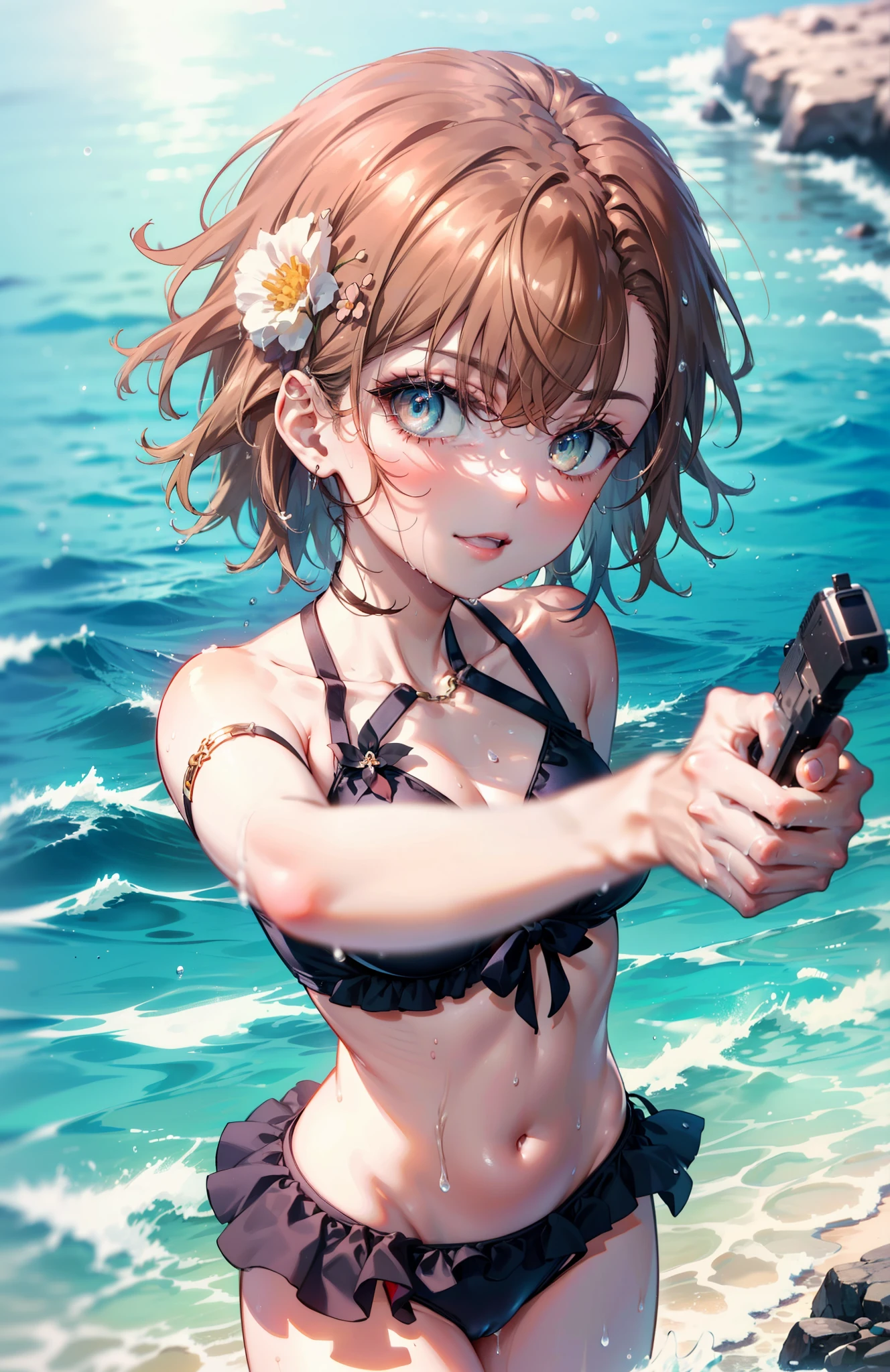 Mycotrose, Brown eyes,Brown Hair,short hair,One side up,Flower Hair Ornaments,smile,Open your mouth,Bikini swimsuit with ruffles,barefoot,Water Play,Wet Hair,Wet swimsuit,Wet Skin,True Summer,Daytime,sunny,whole bodyがイラストに入るように,
 break looking at viewer, whole body,  (Cowboy Shot:1. 5),　　　　　　　　　　　　　　　　　break outdoors ,Ocean,Beach,　　　　　　　　　　　　　break (masterpiece:1.2), Highest quality, High resolution, unity 8k wallpaper, (shape:0.8), (Beautiful and beautiful eyes:1.6), Highly detailed face, Perfect lighting, Highly detailed CG, (Perfect hands, Perfect Anatomy),