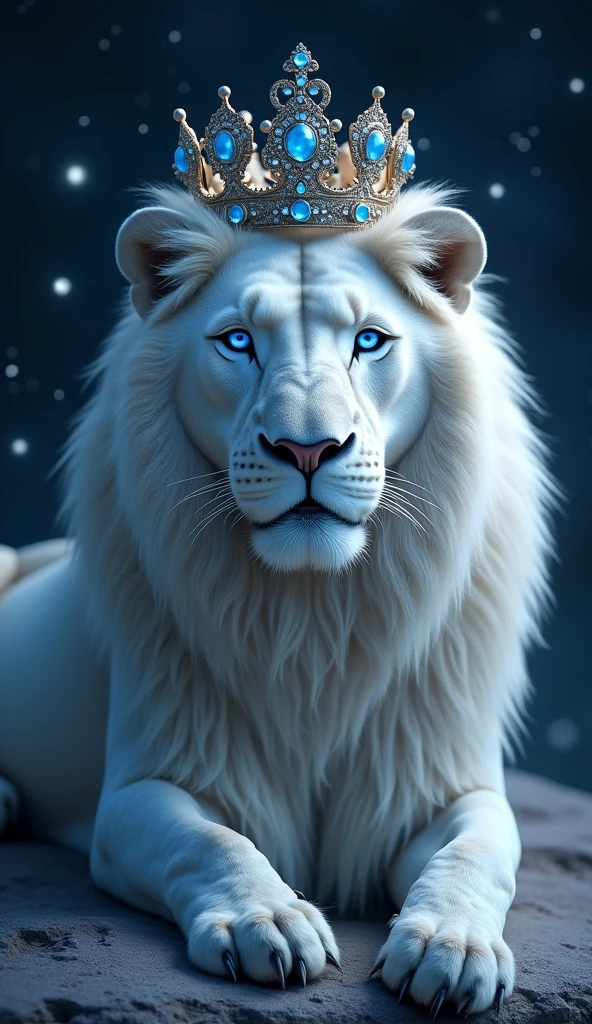 Generate a super mega hyper ultra realistic 8k image of a white lion with blue eyes , stark, bonitas, with a king's crown on his head looking at the night sky