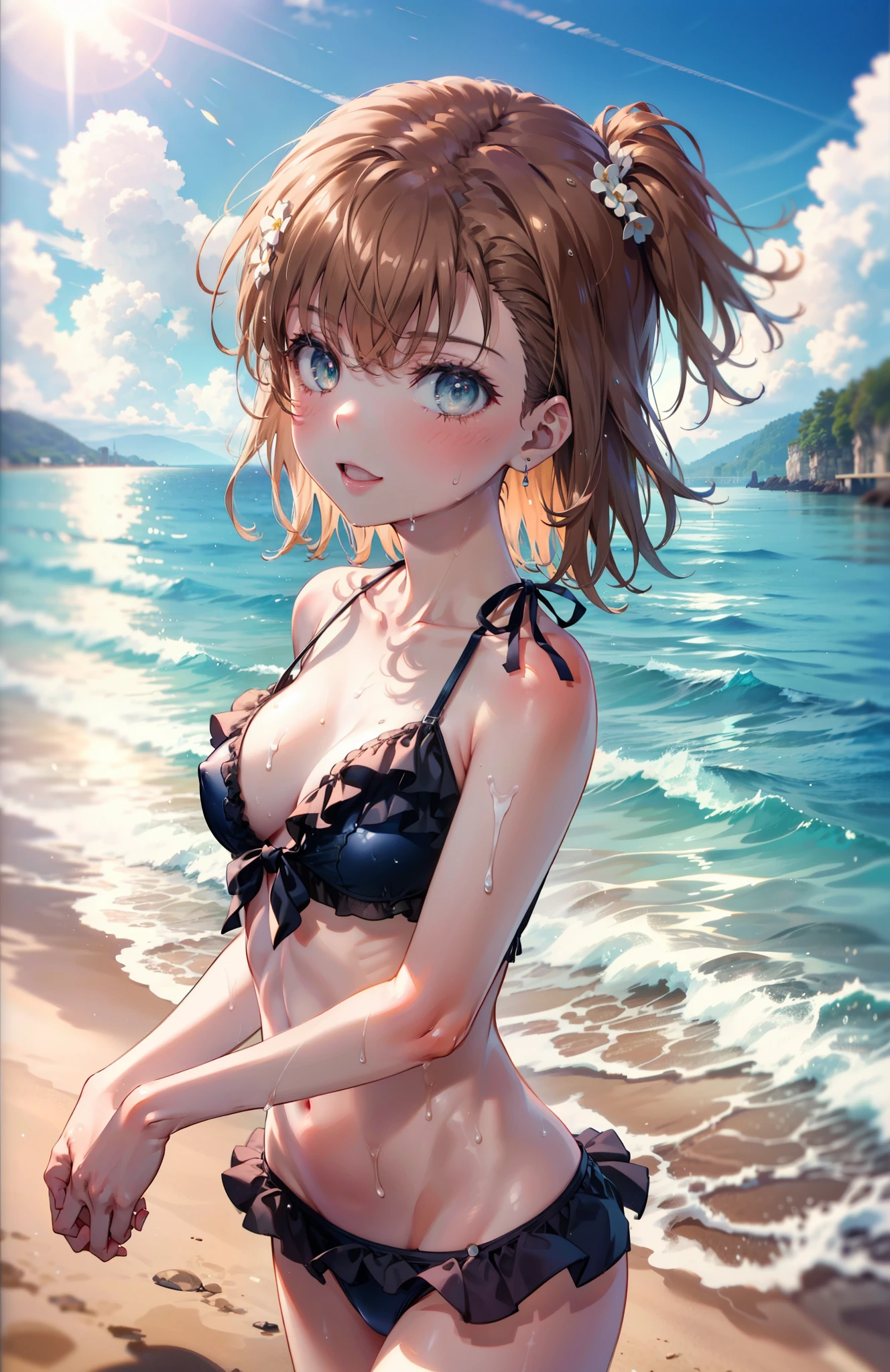 Mycotrose, Brown eyes,Brown Hair,short hair,One side up,Flower Hair Ornaments,smile,Open your mouth,Bikini swimsuit with ruffles,barefoot,Water Play,Wet Hair,Wet swimsuit,Wet Skin,True Summer,Daytime,sunny,whole bodyがイラストに入るように,
 break looking at viewer, whole body,  (Cowboy Shot:1. 5),　　　　　　　　　　　　　　　　　break outdoors ,Ocean,Beach,　　　　　　　　　　　　　break (masterpiece:1.2), Highest quality, High resolution, unity 8k wallpaper, (shape:0.8), (Beautiful and beautiful eyes:1.6), Highly detailed face, Perfect lighting, Highly detailed CG, (Perfect hands, Perfect Anatomy),