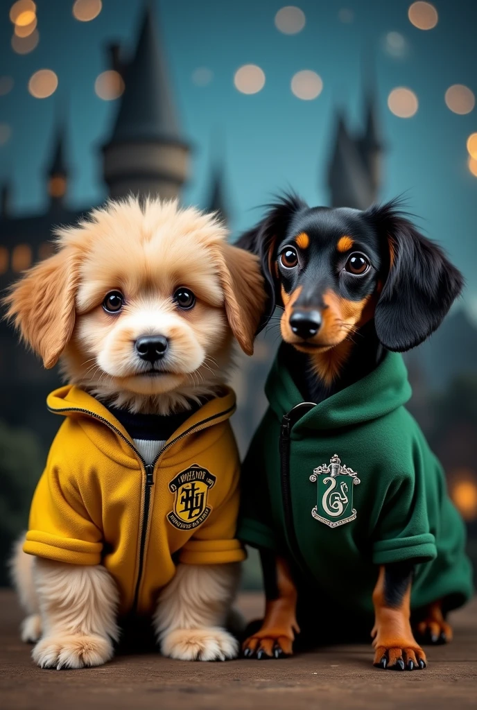 Create an image of a beige German Spitz puppy dressed in a Hufflepuff Hogwarts uniform next to a black dachshund wearing a Slytherin house uniform 