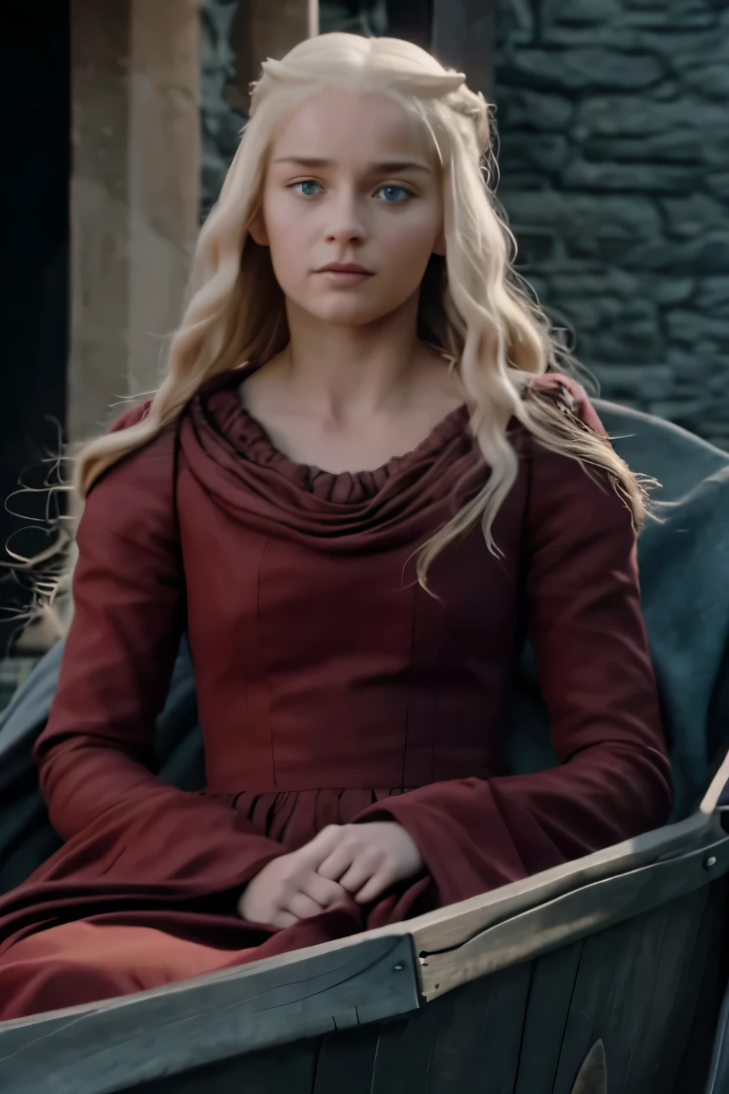 Beautiful 19 year old woman in a game of thrones red dress, blonde hair, blue eyes, soft features, in a carriage