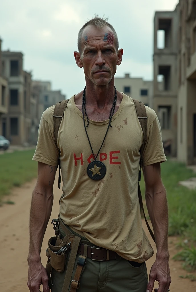 character who is a 32-year-old soldier in an apocalypse with facial wounds and very emaciated in civilian clothes and his military pendant and also with a t-shirt