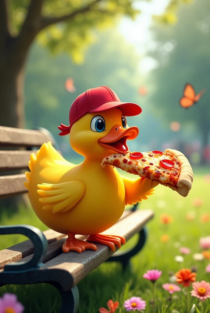 Just a yellow duck with a backwards cap, eating pizza with his wing