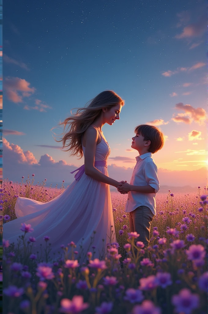 Create an image of the following scene:
That night, Thomas dreams of his mother. in dream, They are in a field full of flowers, and she holds his hand. "I will never be far from you", He tells her in a sweet voice. "I will always be with you, in your heart and in every star that shines in the sky". Thomas wakes up with tears in his eyes, but this time, feel a little peace.