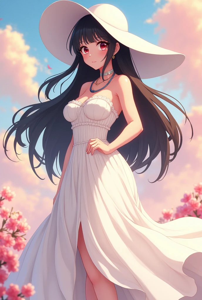 Chunky woman, Black hair, red eyes, big white hat, Big breasts, huge breasts, breasts tight in the dress, wearing a long white dress, Big ass. Anime style, full breasts