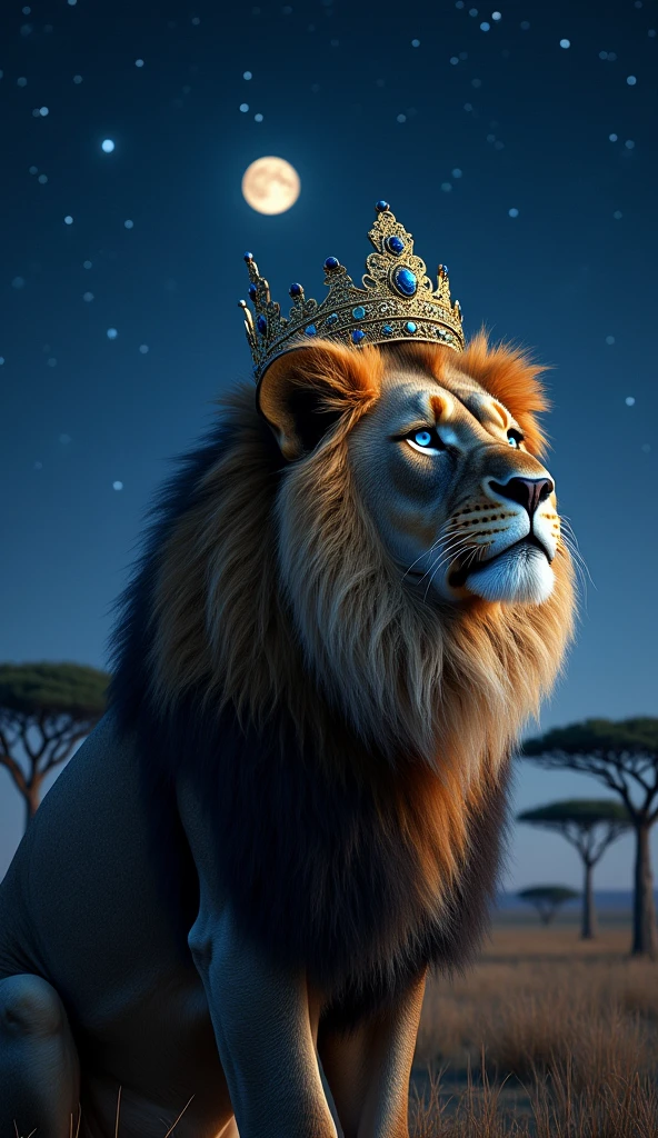 Generate a super mega hyper ultra realistic 8k image of a lion with blue eyes , stark, bonitas, with a king&#39;s crown on his head looking at the night sky