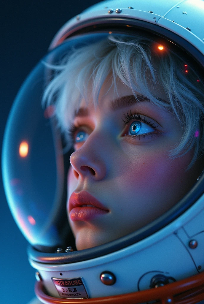 (Close-up of a better masterpiece:1.5)0.9], (Space and astronauts:1.2) (Messy silver hair:1.1) (Heterochromia xanthochromia and blue eyes:1.2) (Space Helmet:1.0) (Colored stars in the eyes:1.0) (A radiant glow:1.1) (thick lips:0.9)