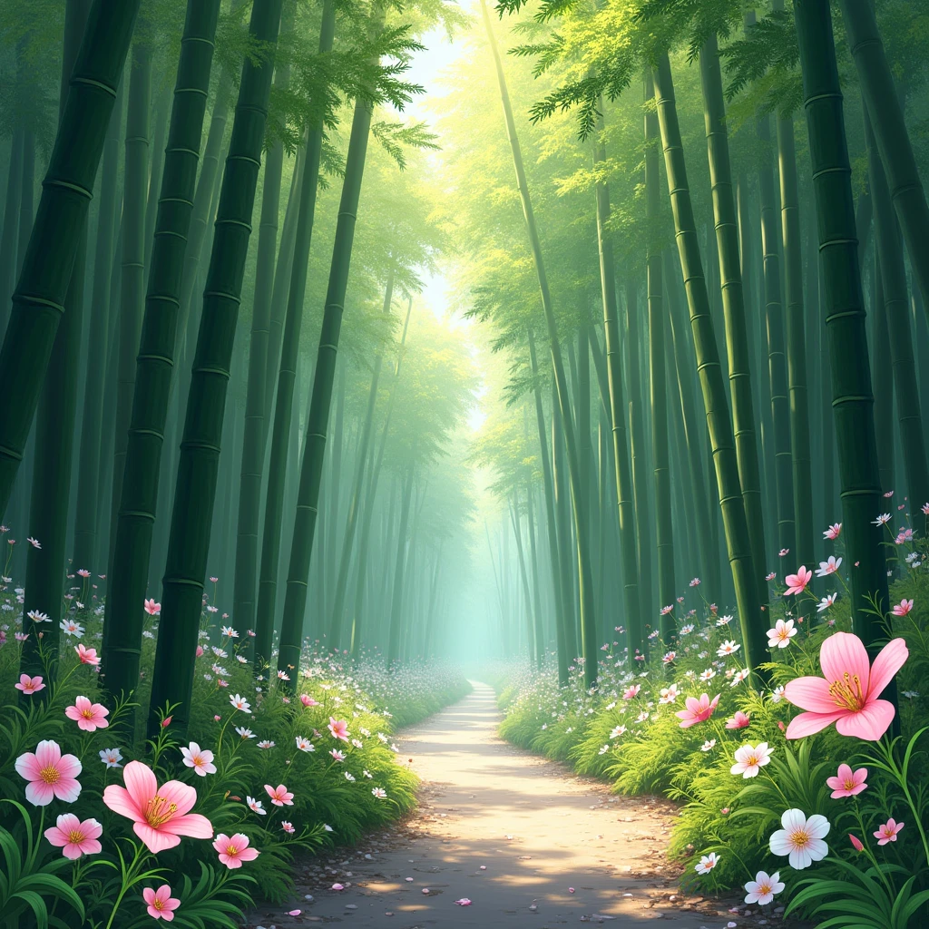 Bamboo forest, Japanese ume blossoms, pine needles and branches,