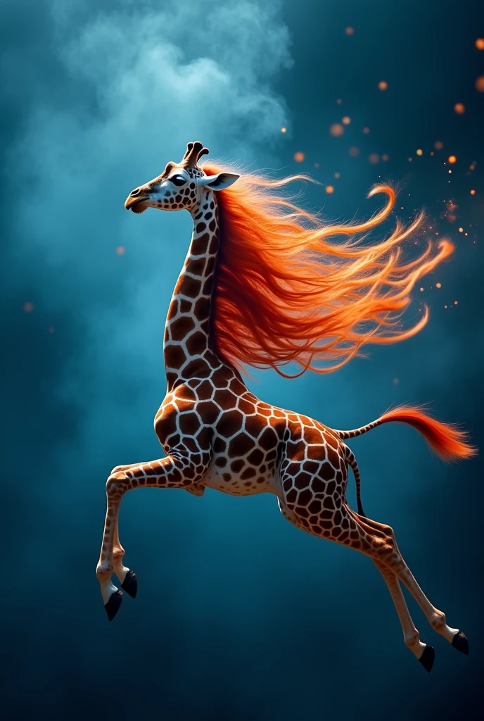 a red-haired giraffe with very long hair flying in an impressive pose on a blue background with lights and smoke