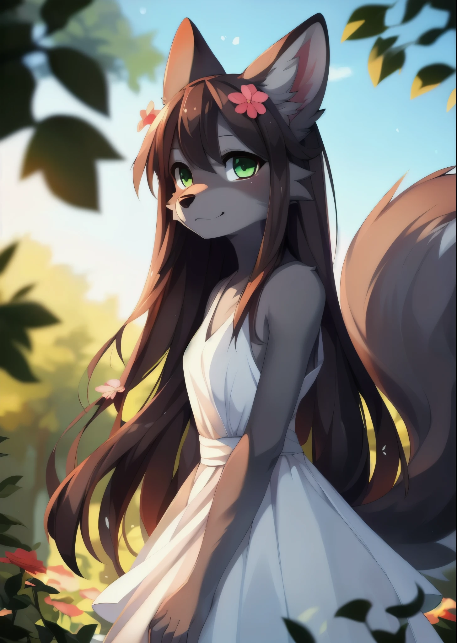 solo (young:1.2) (((kemono silver fox), 13 yearS old, grey fur and countershading, long brown hair, green eyes)),
((small breasts)), ((white dress) flower hair accessories),
(three-quarter view, looking at viewer, standing:1.25),
BREAK,
[by Castitas, by Makoto Shinkai, by Hioshiru, by Glacierclear, by Rumiko Takahashi:by Sandra Chevrier, by Rafael Albuquerque, by Foxovh, by Alphonse Mucha:0.85],
(detailed background, depth of field, shadow, sunlight, ambient light on the body, backlighting),
masterpiece, best quality, 4k, 2k, shaded, (intricate:0.9), (high detail, unreal engine:1.25), absurd res