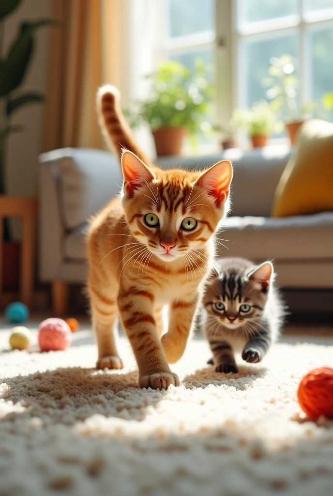 Create an orange cat with stripes and green eyes and a gray tabby kitten with yellow eyes, playing