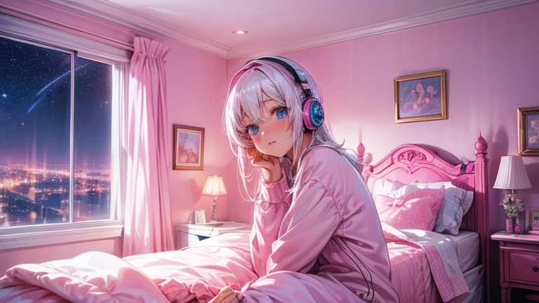 create an image of a girl listening to music in her room. the room is all pink, full of pink girly things and a big window with a view of the big city and a starry sky. she has white hair and blue eyes, very pretty, wears pink teddy bear pajamas super Kwai.