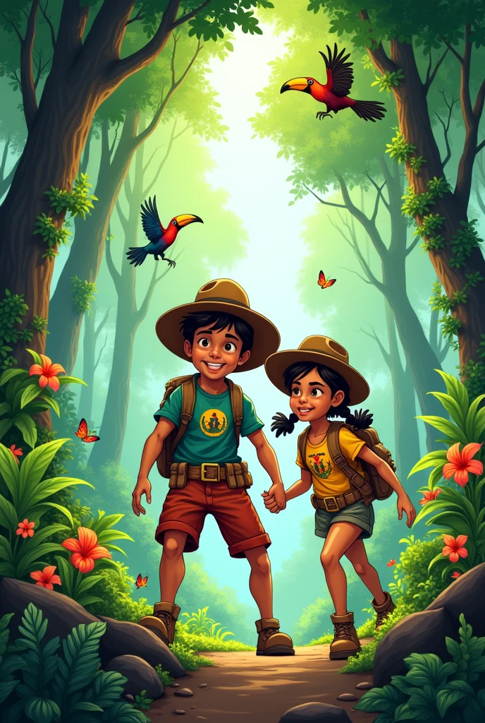Make the cover of a comic to paint about adventures in the jungle with two Bolivian explorer children, the same but to paint and only one boy and one girl
