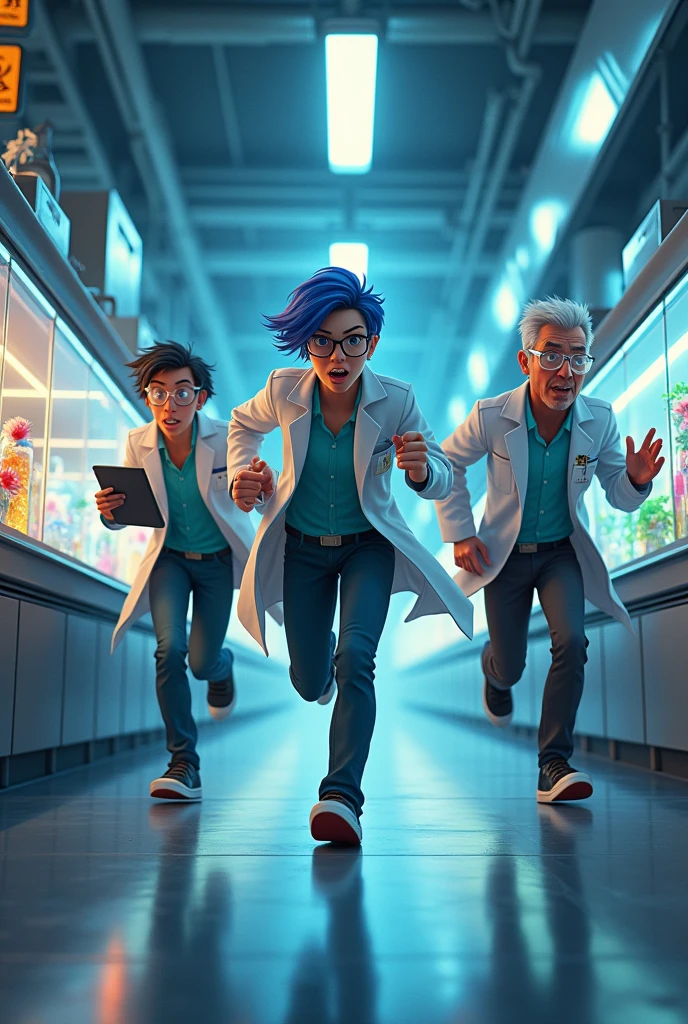 I want an animated image of several lab characters running to a meeting point in a level 4 lab