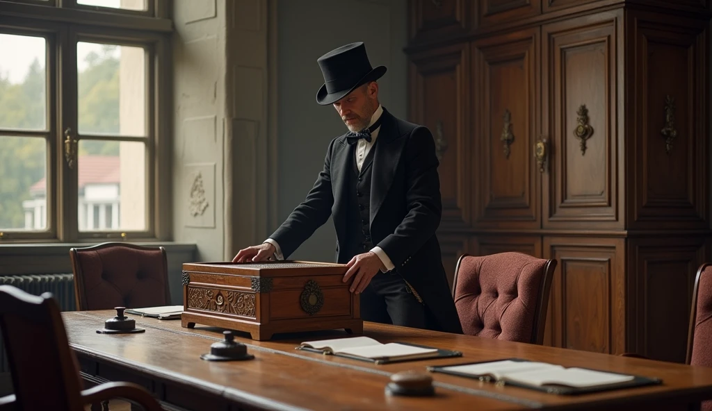 A man placing a box in the meeting room for people to deposit money in 1800s Germany 