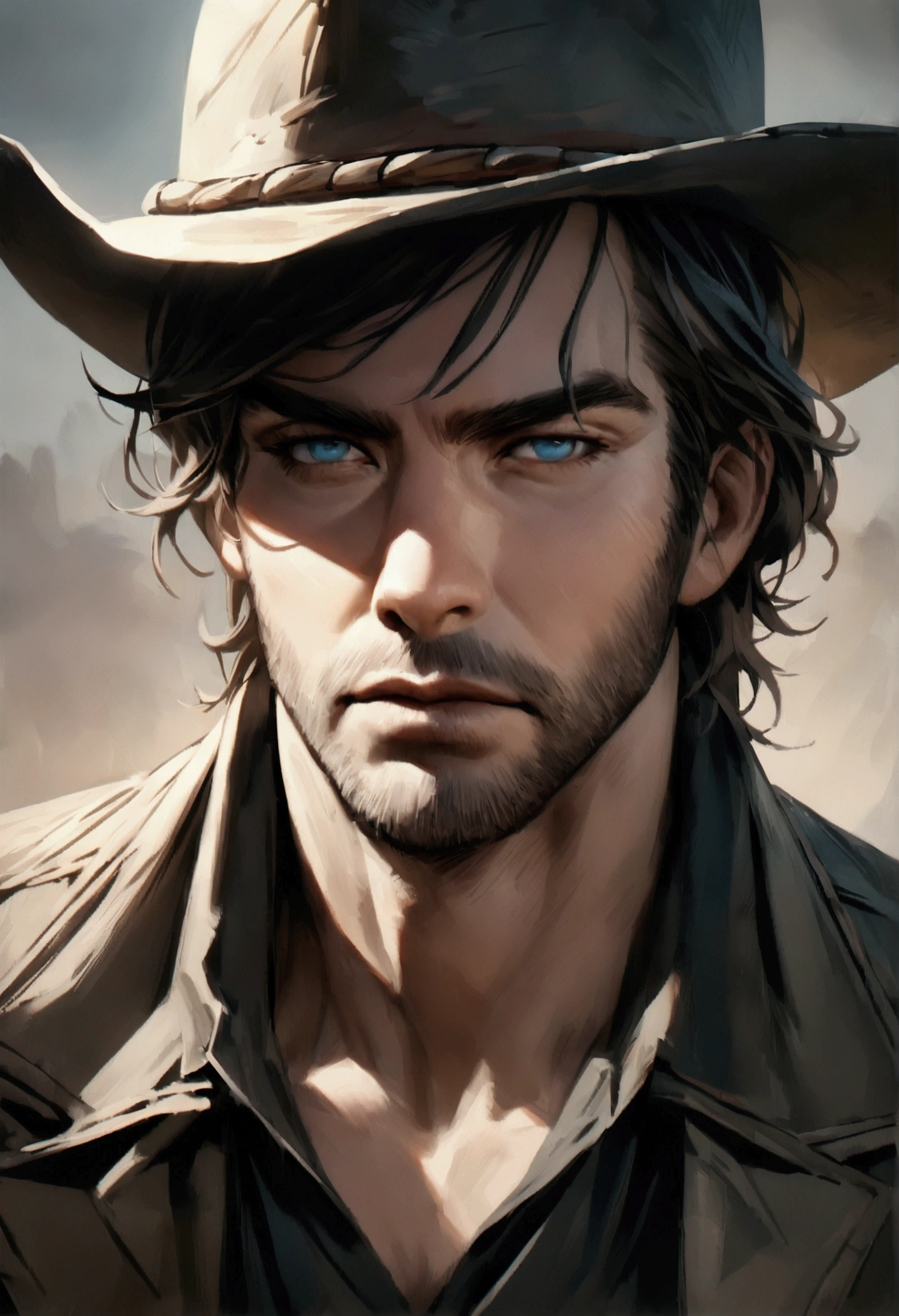Make a western outlaw with a robust and charismatic appearance who looks like Chris Pine from Hell or High Water, his posture must be heroic and authoritative. He has bright blue eyes that have seen many battles. He is approximately 35 years old with short, dark hair. He is tall, thin, and lanky. His face shows cruelty and rugged masculinity. He is wearing a cowboy hat. draw the character from the front. high quality, detailed, expressionistic, moody colors, dramatic shadows and highlights, gritty, artwork, 8K, photorealistic
