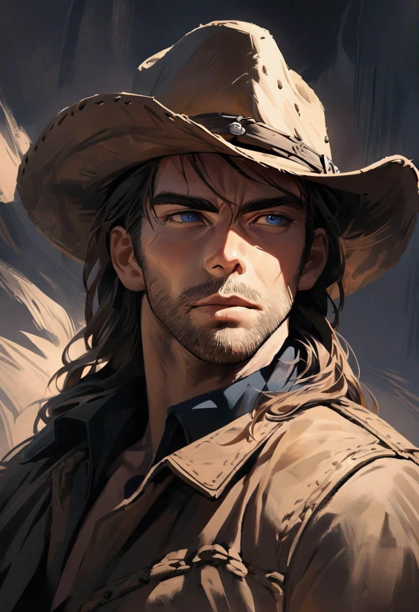 Make a western outlaw with a robust and charismatic appearance who looks like Chris Pine from Hell or High Water, his posture must be heroic and authoritative. He has bright blue eyes that have seen many battles. He is approximately 35 years old with short, dark hair. He is tall, thin, and lanky. His face shows cruelty and rugged masculinity. He is wearing a cowboy hat. draw the character from the front. high quality, detailed, expressionistic, moody colors, dramatic shadows and highlights, gritty, artwork, 8K, photorealistic