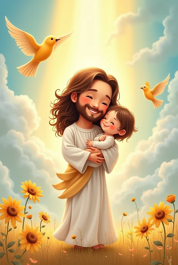 Childish drawing of Jesus holding a child in his arms