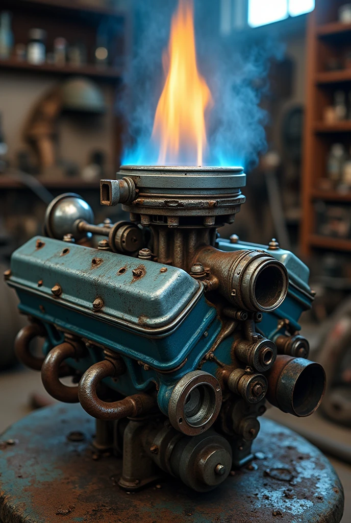Imagine an old carburetor from a classic car, with a blue and orange flame coming out of the vents. The metal frame may be darkened and dented due to intense heat.