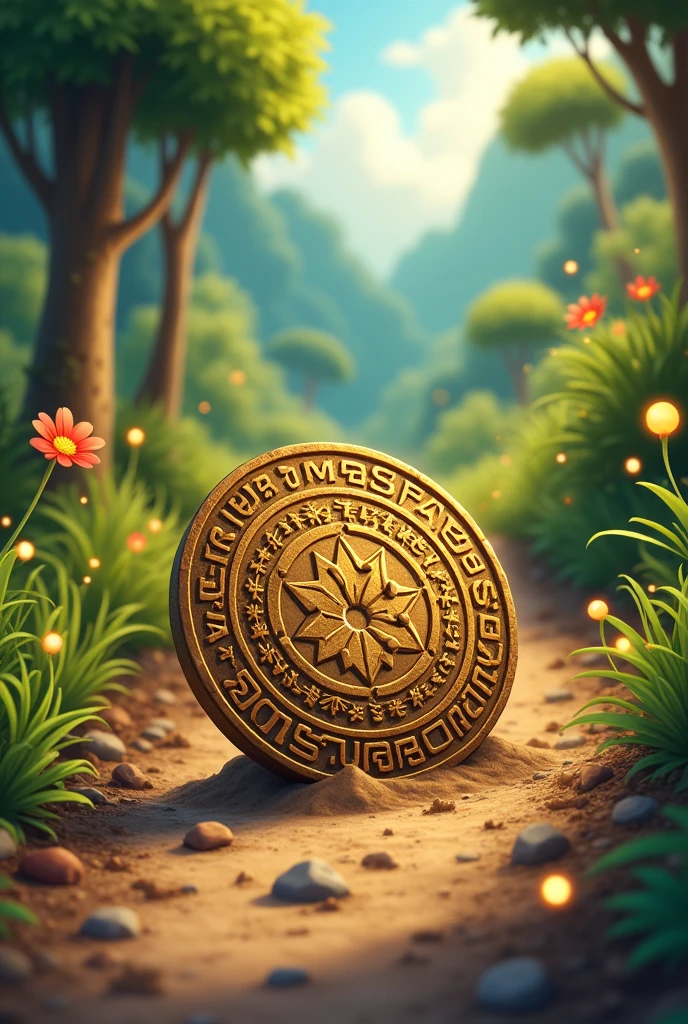 An ancient coin on a dirt road and it has many secrets both valuable and dangerous with strange inscriptions Cartoon drawing to decorate a folder