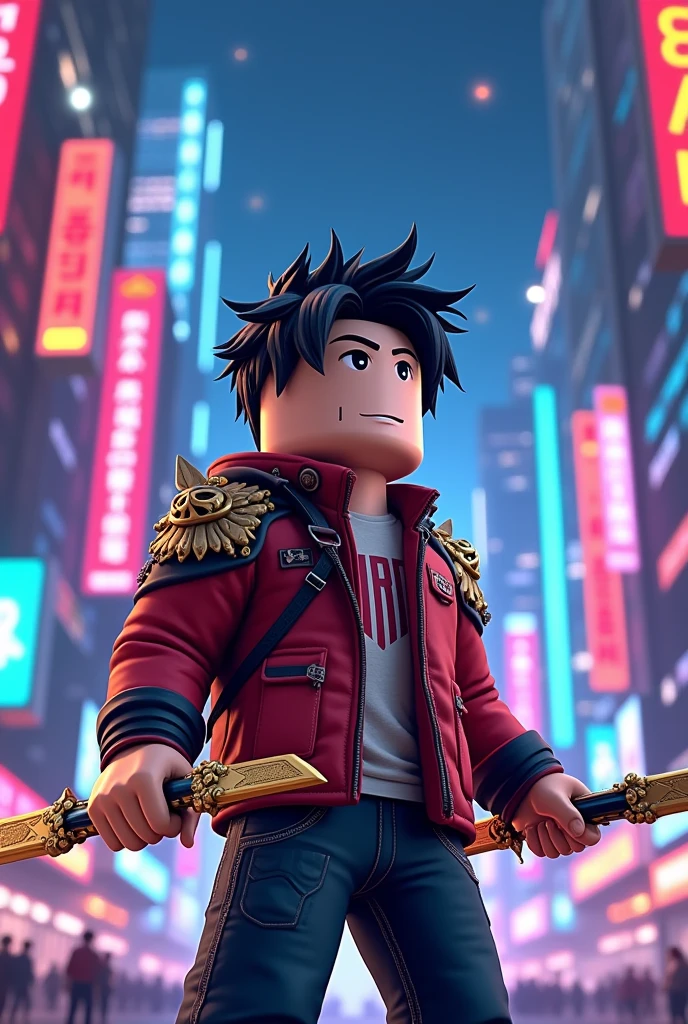 Un personnage homme coréen, personnage principal du manwha Solo Levelinf, « Sung Jinwoo » un Chassur en fome r15 du jeu roblox (cubic/bloxy) entouré de batiments (seoul) regardant la camera (vers le haut a sa gauche) avec 2 dagues