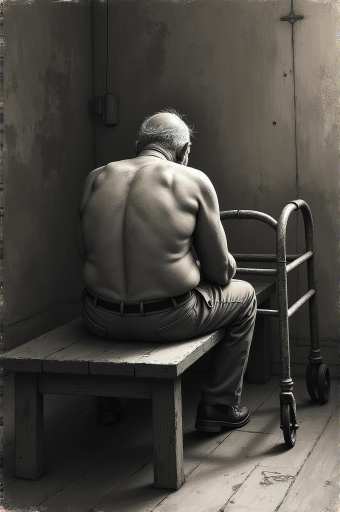 A drawing with dirty graphite strokes of an old man sitting where only his back is visible and next to him a manual walker