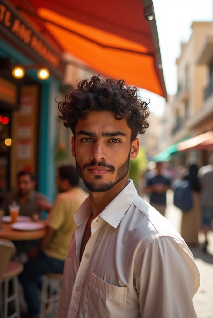 full body shot, standing outside a street or café in the middle east, cute, male model, Arab or Pakistani male, 20-25 years old long curly hair that is well kept, hair is curly not below the ears in length, but is longer on the top, short beard, brown eyes, (skin texture), slight smile, medium to light skin,