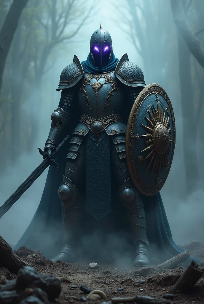an armor possessed by the soul of a warrior, carrying a long sword and shield, with a menacing look and purple eyes