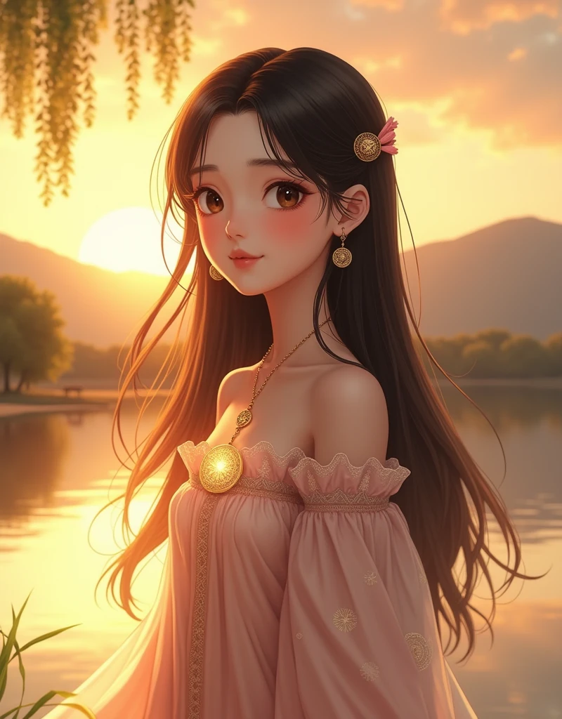 1 girl, Calm expression, Charming eyes, Long straight hair, floating dress, Maintain a balanced posture, Porcelain skin, faint blush, Crystal PendantBREAK Golden Hour, (Edge lighting):1.2, Warm colors, Solar flares, Soft shadows, Vibrant colors, Effect, A lake with a dreamy atmosphere, Distant Mountains, willow, Calm Water, reflection, Sun shining clouds, Peaceful atmosphere, Idyllic sunset, Extremely detailed, Official Art, Unity 8K wallpaper , tangled, Mandala