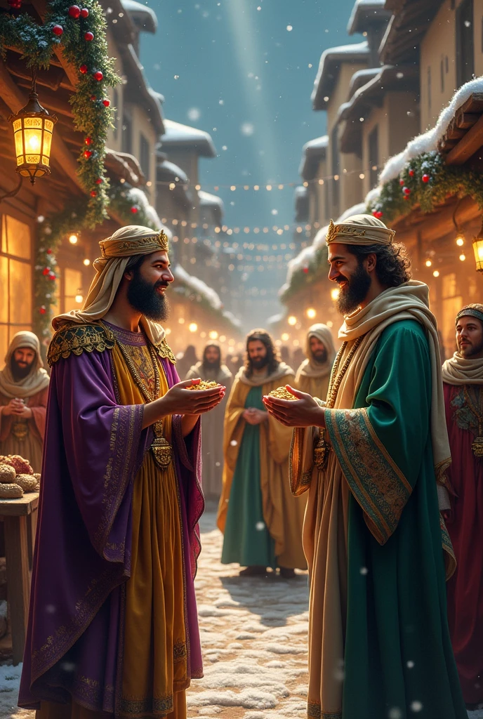 Create more than 12 images in one that shows different scenes of the gift of the three wise men of Henry one where they sell their things for each other another where they show coins and their little money another where it is Christmas where they buy the gifts selling the most important thing for each other and many more scenes 