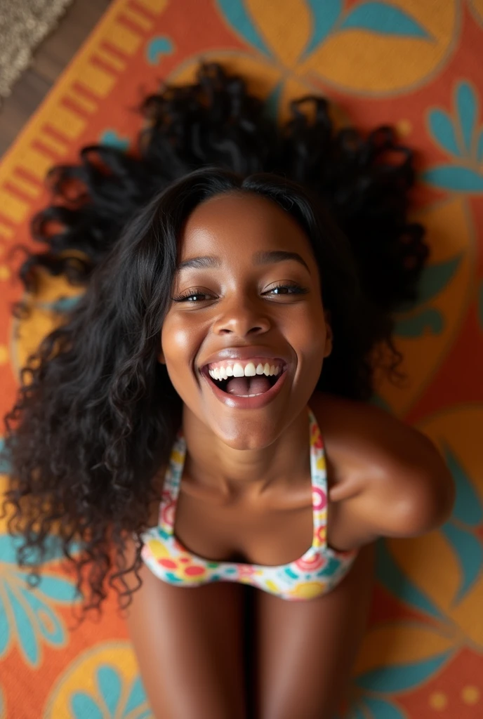 Beautiful, black young woman, kneeling on carpet, long hair, mouth very wide open and happy, wearing adorable bikini, ((top down view))