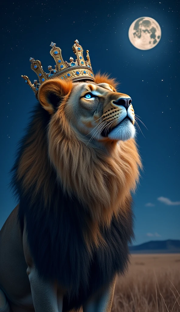 Generate a super mega hyper ultra realistic 8k image of a real lion with blue eyes , stark, bonitas, with a king&#39;s crown on his head looking at the night sky