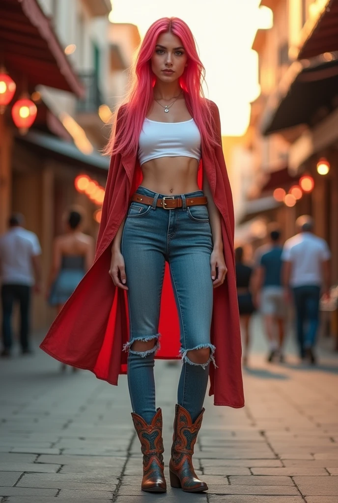 A skinny tall woman wearing a white T-shirt showing some of her belly due to the shirt being short. she is wearing a cloak but its open. red pink hair. Mexican. Big head with big eyes. She has Mexican boots. She has blue jeans with no rips. And a belt