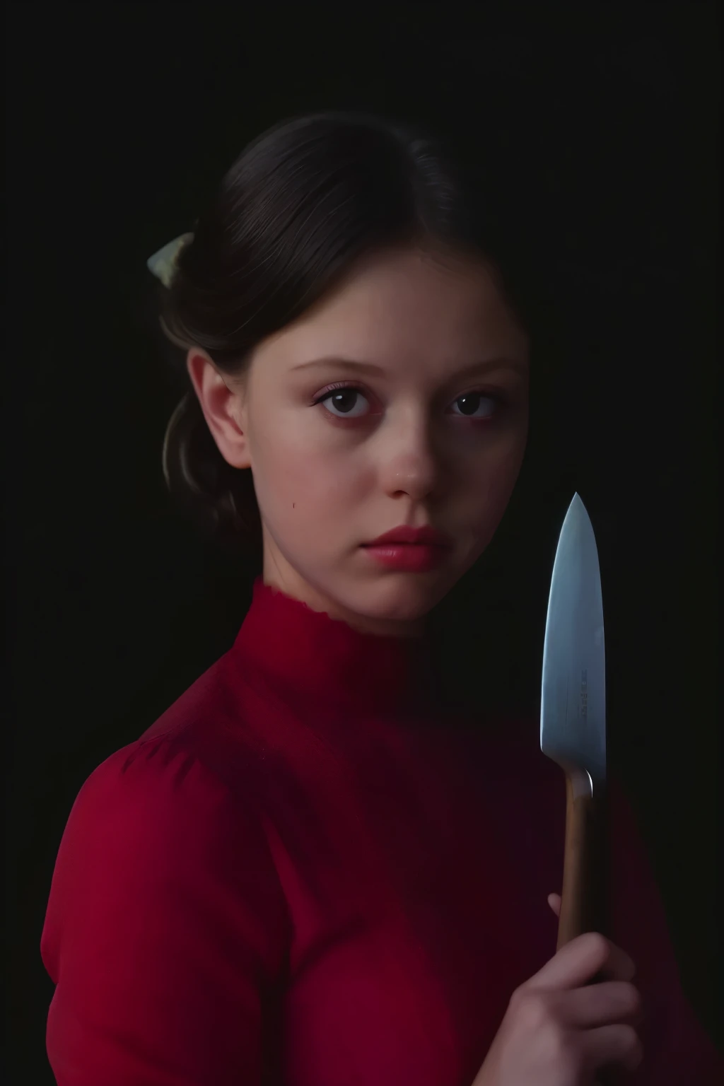 Head and sholders portrait. (Pearl from the A24 movie "Pearl", ((blood splatter droplets on her body )), holding an knife, wearing a red dress), standing in a dimly lit, eerie farmhouse setting, cinematic lighting, hyper-realistic style, high detail, dramatic shadows, (shallow depth of field), (moody color grading), (sharp focus), (tense atmosphere), (vintage film grain), (portrait photography style), dark background, (masterpiece: 2), best quality, ultra highres, original, extremely detailed, perfect lighting. Farmhouse background. 
