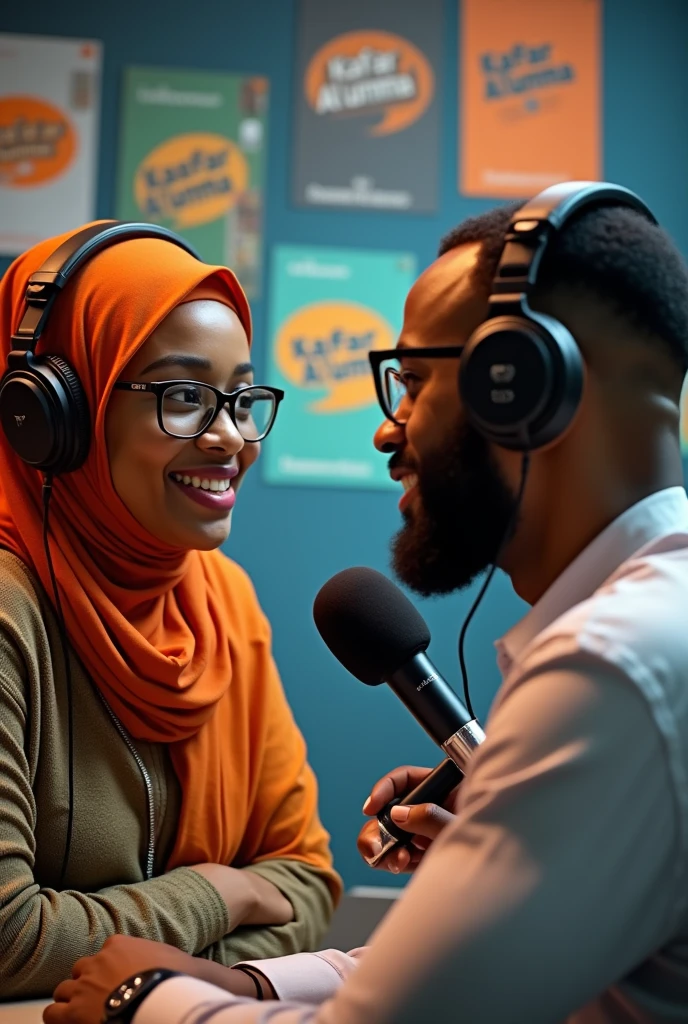 A female journalist Suwaiba Adamu Isah with hijab interviewing a young Hausa man Al-Asad Al-Amin gas eyes glass with beards in a radio station studio with names of the radio station Sarauniya Radio motto Kafar Al'umma