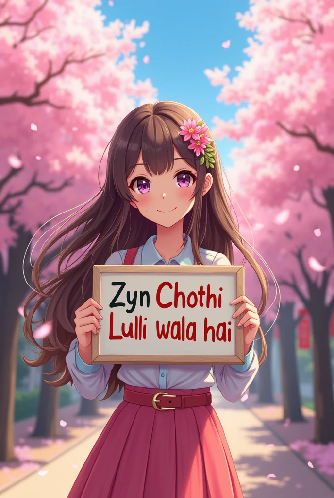 a beautiful and cute woman holding up a sign "Zyn Chothi Lulli wala hai 🙂", joyful, happy, anime illustration, photorealistic, oil painting