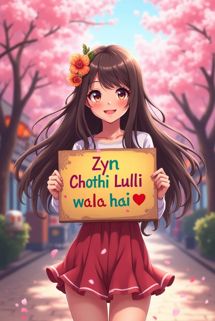a beautiful and cute woman holding up a sign "Zyn Chothi Lulli wala hai 🙂", joyful, happy, anime illustration, photorealistic, oil painting