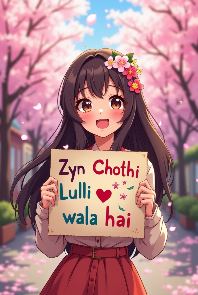a beautiful and cute woman holding up a sign "Zyn Chothi Lulli wala hai 🙂", joyful, happy, anime illustration, photorealistic, oil painting