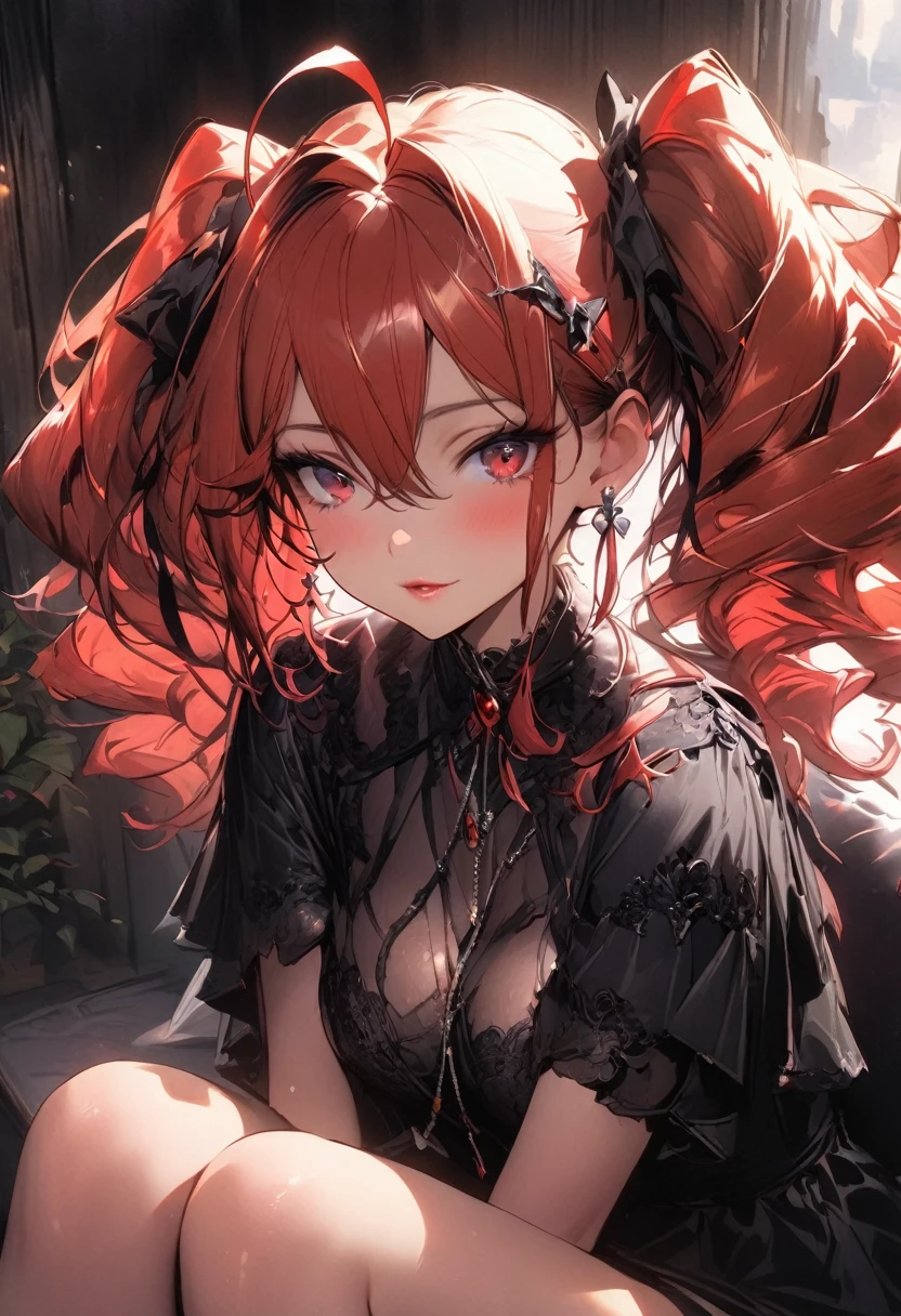 (masterpiece),(best quality),(ultra-detailed),(best illustration),(best shadow),(absurdres),(detailed background),(very aesthetic), 1girl, medium breasts, sitting, red-hair, ahoge, red-eyes,drill hair,red hair tie, twin drills,hair intakes, hair between eyes, shiny skin, shiny hair, short twintails, sidelocks, hair ornament,ravel phenex,
