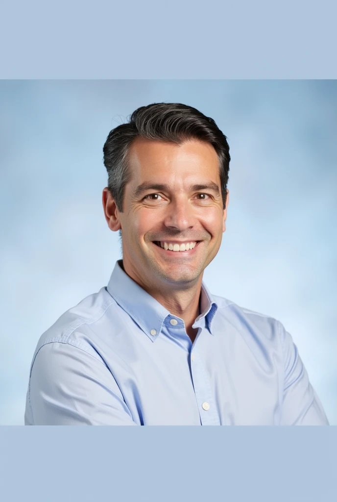 
The image shows a man with short, dark hair, neatly combed back. He is wearing a light blue, button-up shirt and is smiling warmly. The background is a gradient of light blue, giving a professional and friendly vibe to the image. The man appears to be in his early 30s or 40s, and the photo has a clean, well-lit, and polished look.