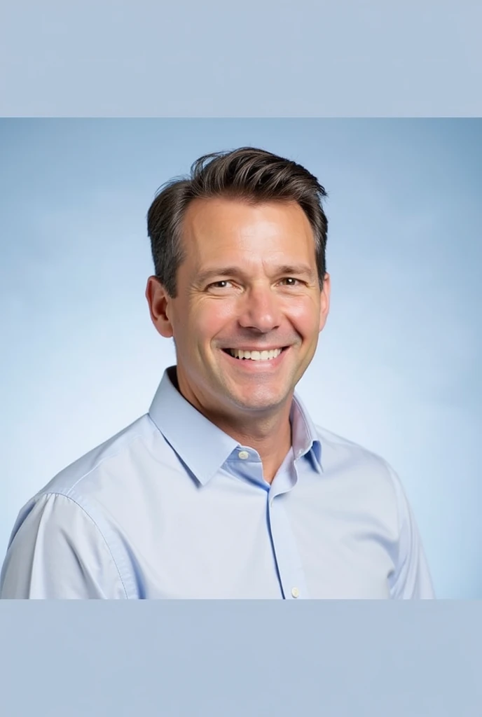 
The image shows a man with short, dark hair, neatly combed back. He is wearing a light blue, button-up shirt and is smiling warmly. The background is a gradient of light blue, giving a professional and friendly vibe to the image. The man appears to be in his early 30s or 40s, and the photo has a clean, well-lit, and polished look.