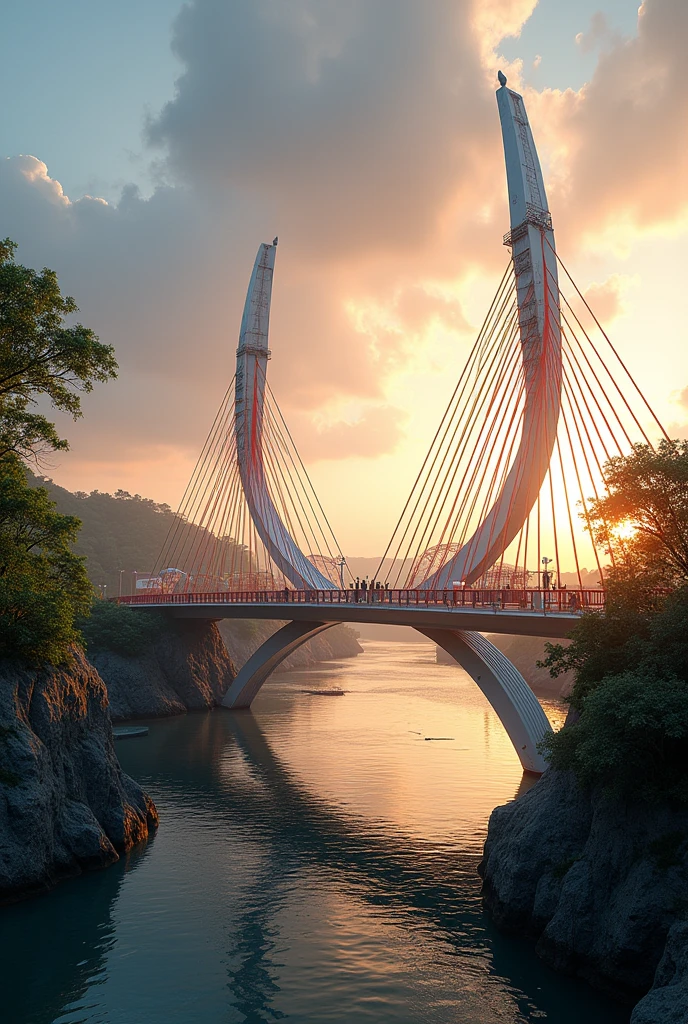 Make a drawing focused on the construction of a bridge with various themes but where polycentric curves are used.
